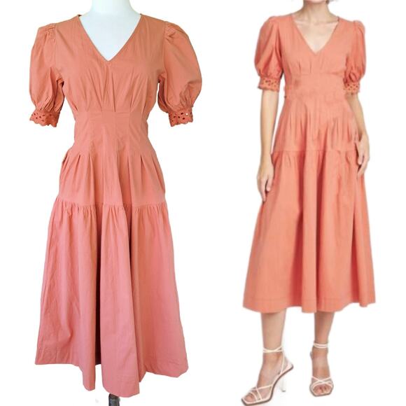 EN SAISON Vivienne Puff Sleeve Midi Maxi Dress Size Medium Terracotta Fall - Picture 1 of 14